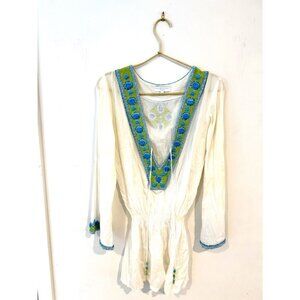 Elizabeth Hurley Beach White Swim Cover Tunic Blue Green Beads Small